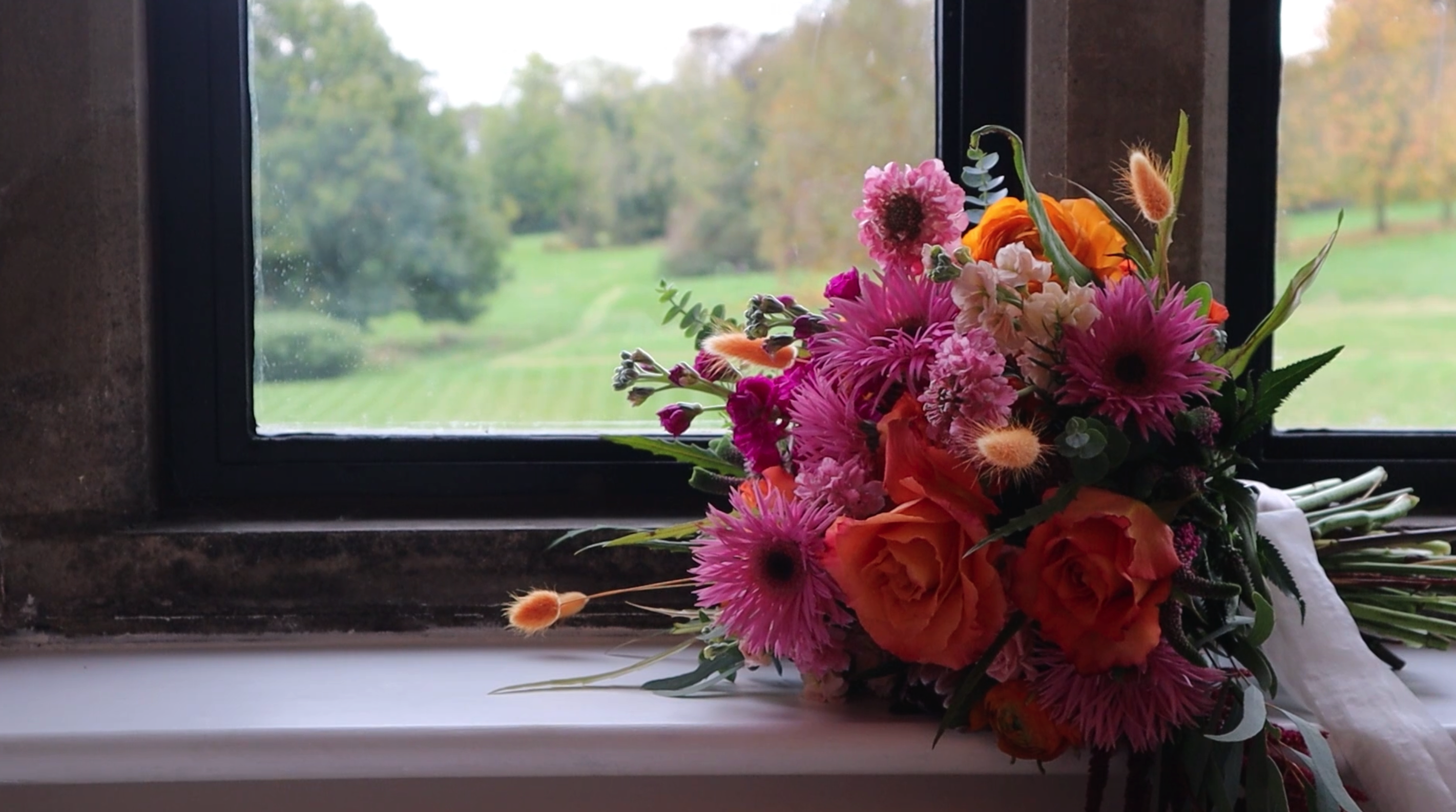 Wedding Bouqet sitting on a window sill at the Wedding Venue